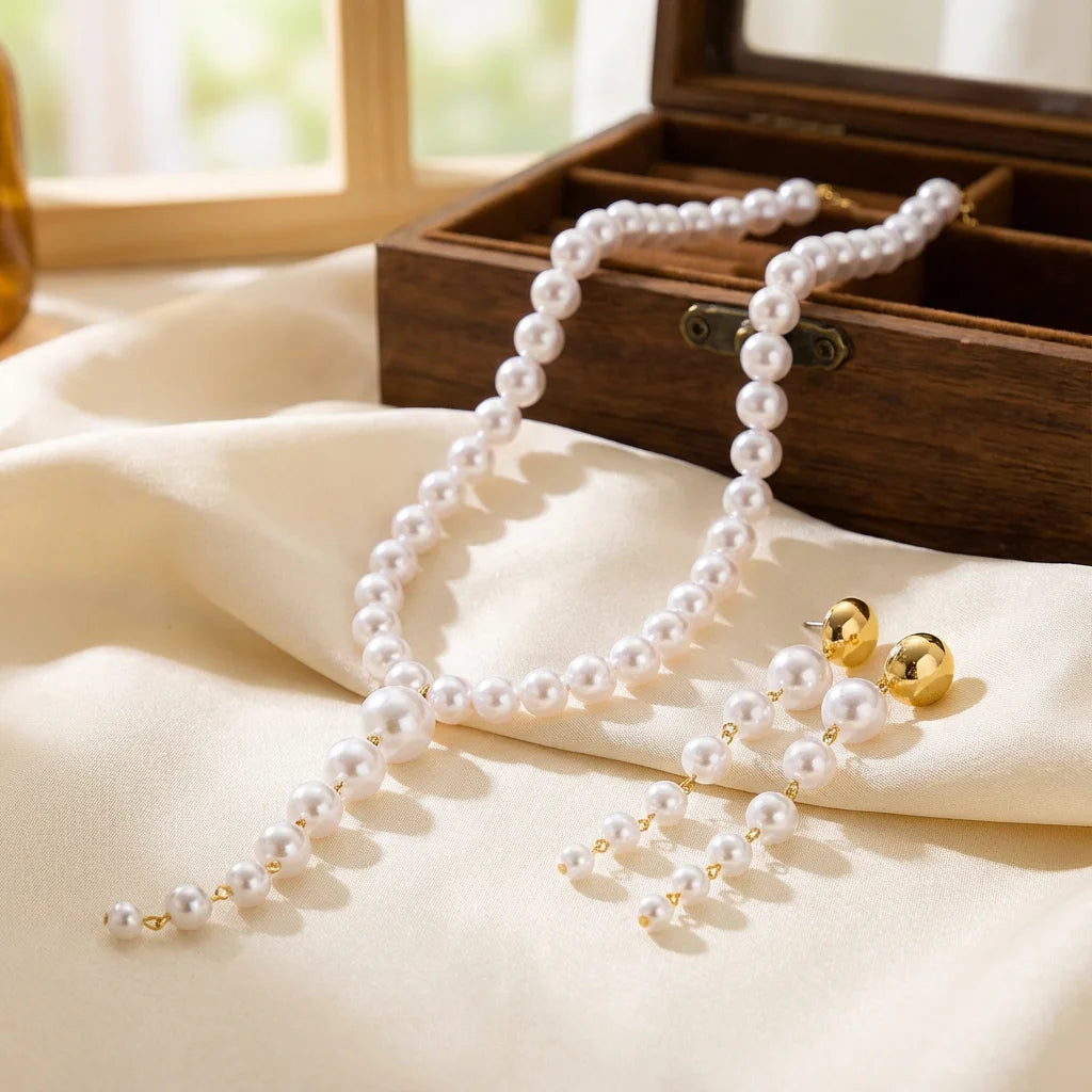 Retro Luxury Imitation Pearl Y shape Necklace Earring Set for Women Elegant Round Bead Pendant Tassel Suit Wedding Party Gift