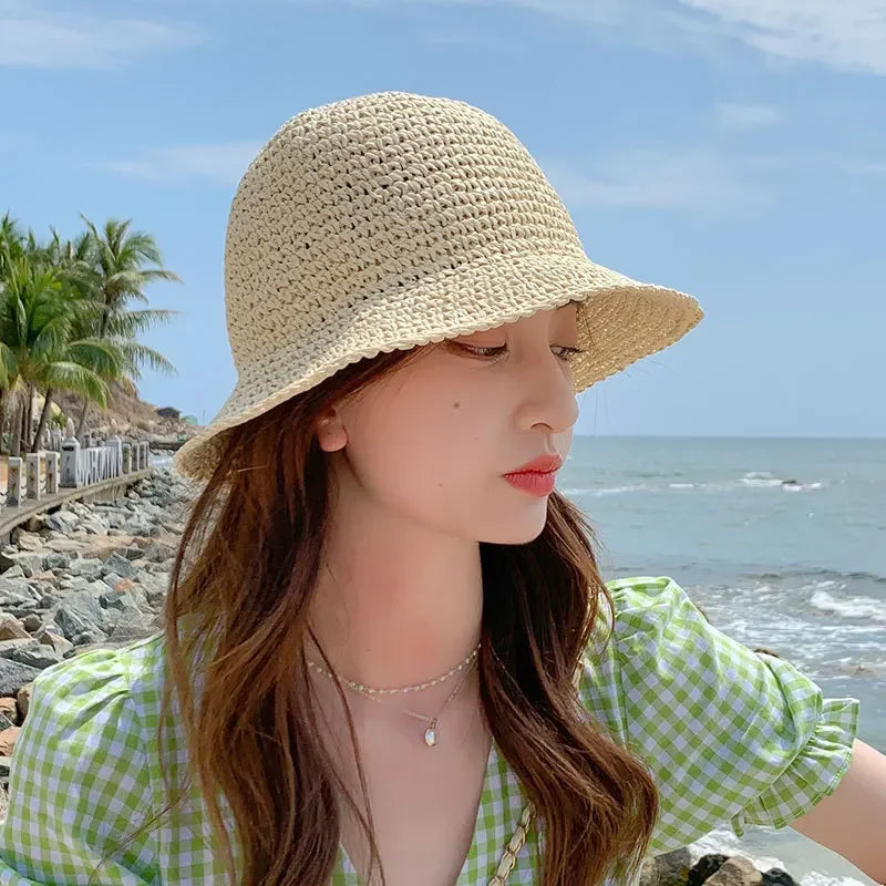 Woven Straw Dome Bucket Hat — Wide Brim Sun Hat for Women