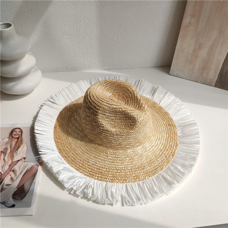 Summer straw hat black edging French elegant ladies seaside travel sun hat Hepburn style wide brim straw hat  кепка женская