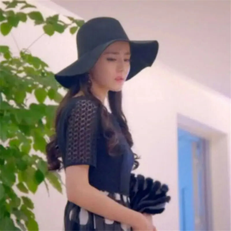 Women Sun Hat Vintage Lady Wide Large Wool Felt Cap Casual Summer Beach Travel Floppy Sun Hat Gift