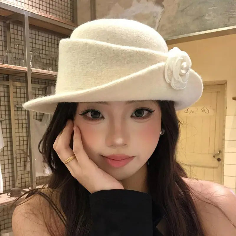 Retro Styled Ruffled Camellia Heiress Hat for Women, French-style Elegant Autumn/Winter Fishermen's Top Hat