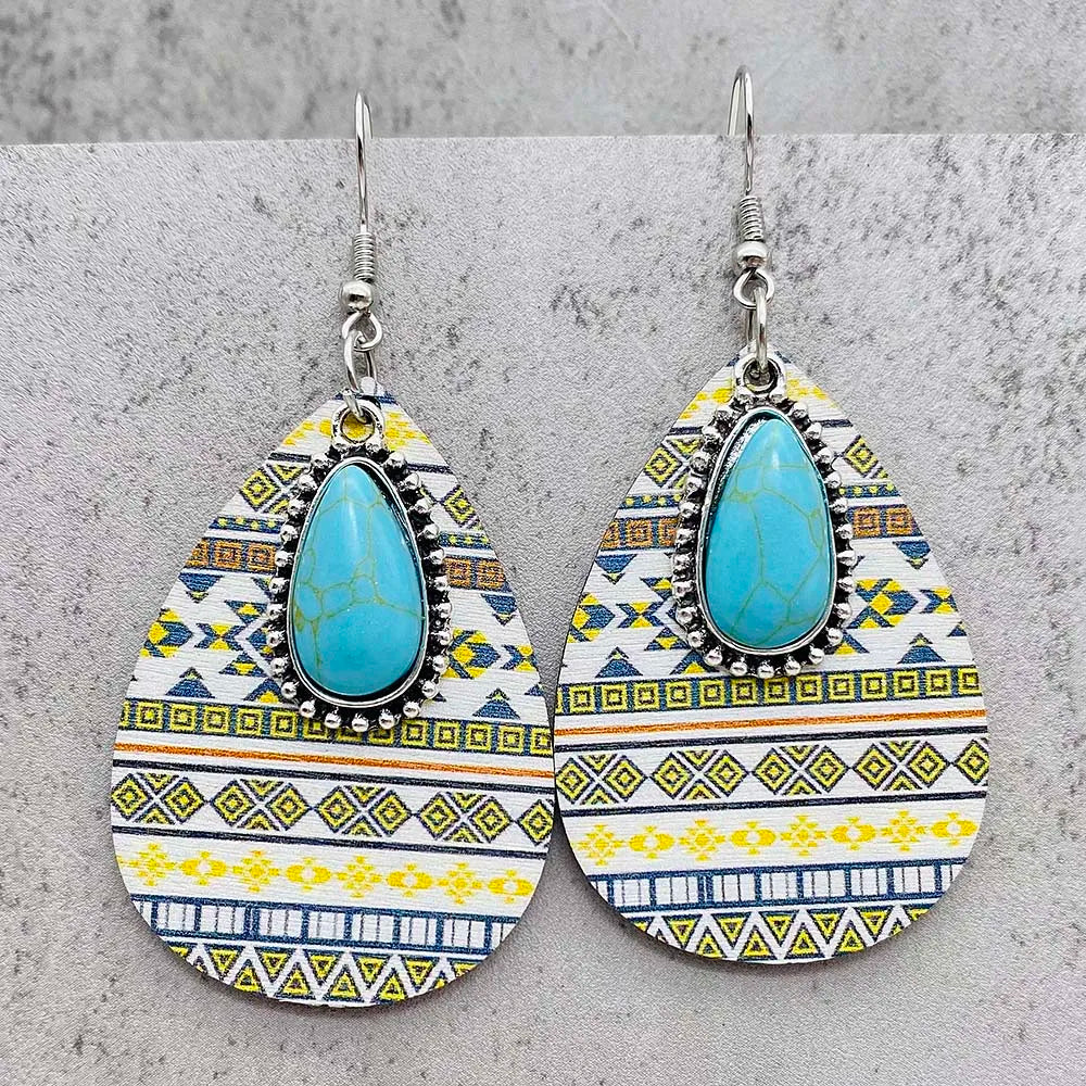 Western Retro Aztecs Pattern Wood Earrings Turquoise Round Wooden Ethnic Fashion Earrings Jewelry Party Accessories Gift