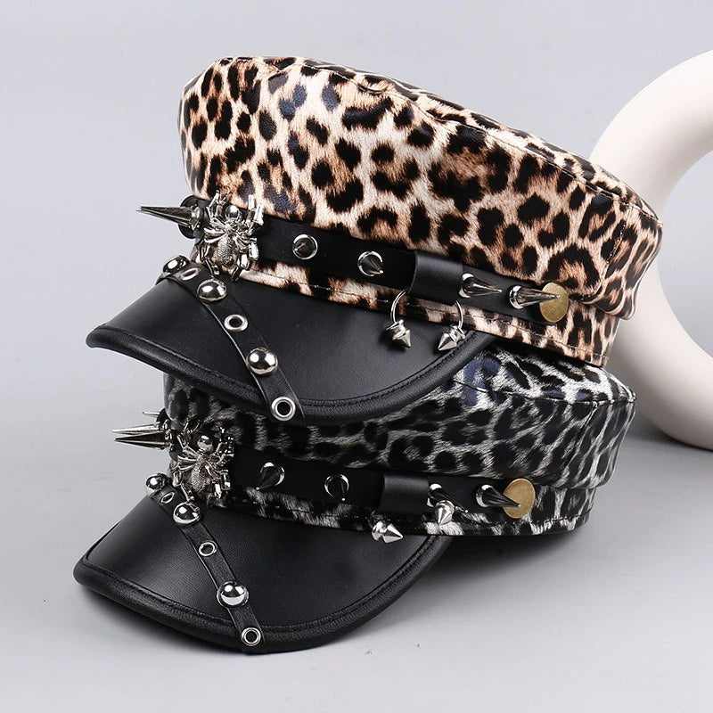 Vintage Leather Beret Hat – Leopard Print, Silver Rivets & Giving Parisian Baddie Energy 🐆✨