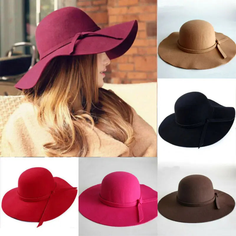 Women Sun Hat Vintage Lady Wide Large Wool Felt Cap Casual Summer Beach Travel Floppy Sun Hat Gift
