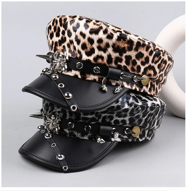 Vintage Leather Beret Hat – Leopard Print, Silver Rivets & Giving Parisian Baddie Energy 🐆✨