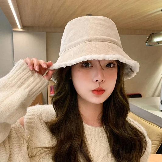 Casual Lamb Wool Bucket Hat Simple Double Sided Wearing Female Hats Winter Sun Protection Winter Pure Color Warm Caps For Women