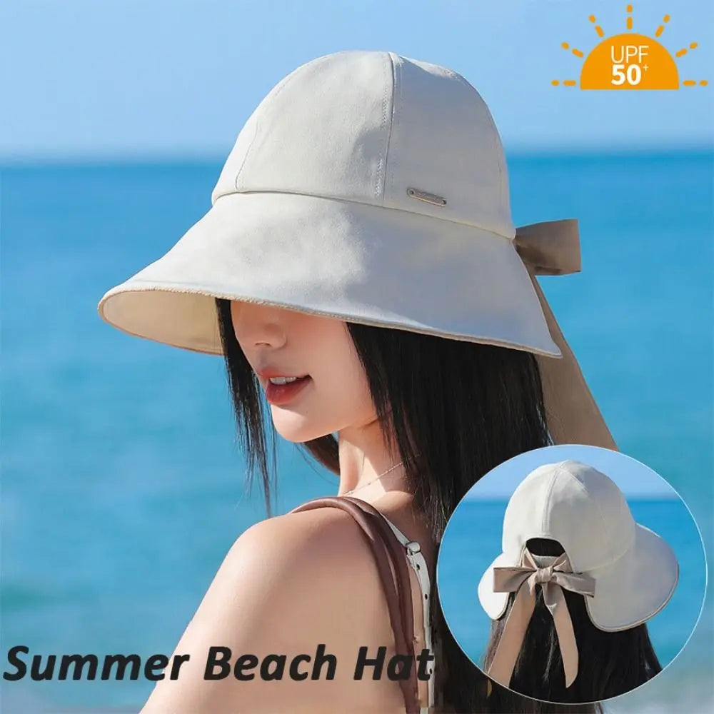 Casual Wide Brim Sun Hat UV Protection Breathable Women Bucket Hat Foldable with Bow Ponytail Hole Summer Beach Hat