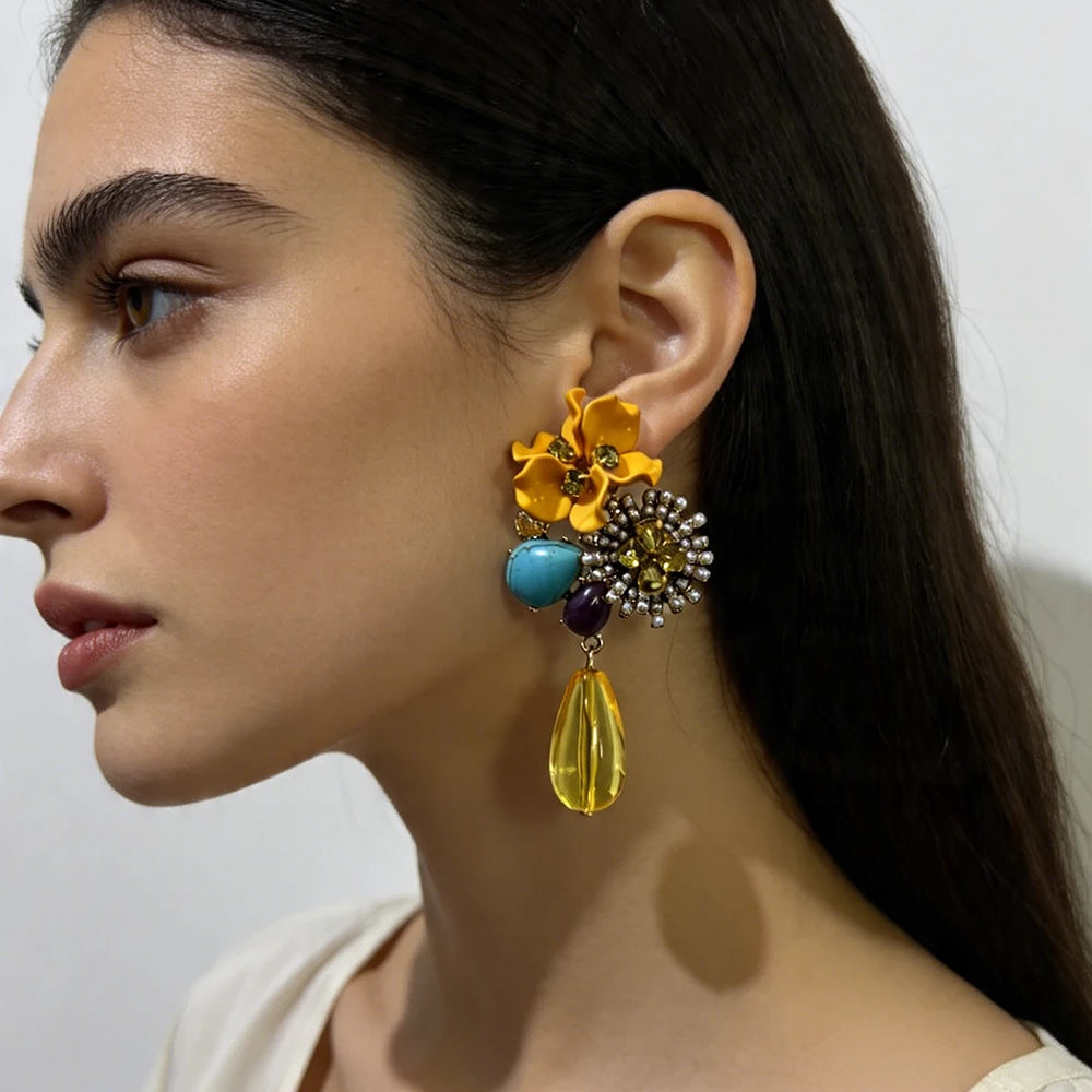 Beaded Acrylic Flower Drop Earrings — Baroque Beauty Meets Bold Energy 🌸✨