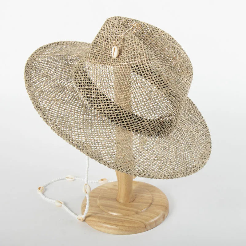 Women Straw Fedora Sea Grass Sun Hat Long Gold Chain Summer Panama Hat Wide Brim Beach Hat UPF50+ Derby Church Garden Party Hat