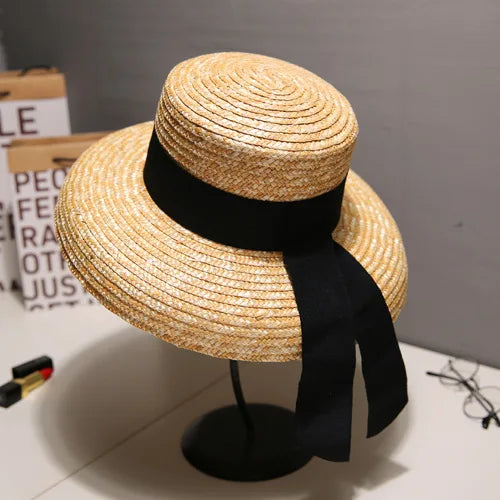 Summer straw hat black edging French elegant ladies seaside travel sun hat Hepburn style wide brim straw hat  кепка женская