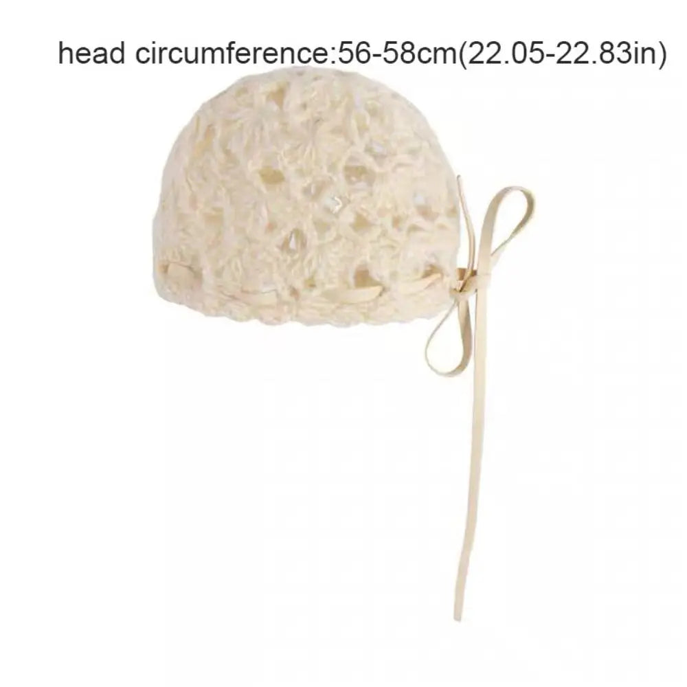 Casual Bow Crochet Hollow Knitted Hat Strapped Bohemian Style Ethnic Style Hat Thin Hollow Out Weave Cap Apparel Accessories