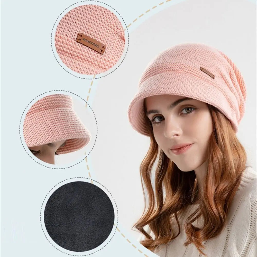 Casual Soft Knitted Hat Short Brim Thickened Beanies Fleece Lined Windproof Ear Protection Women Girl
