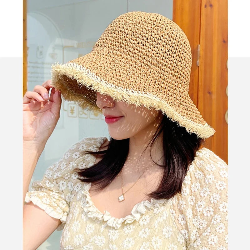 Woven Straw Dome Bucket Hat — Wide Brim Sun Hat for Women
