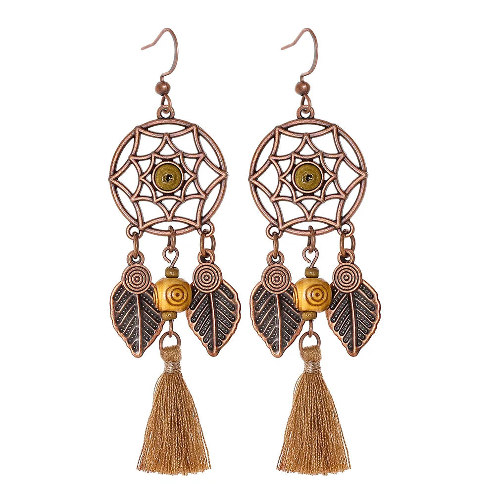 Boho Vintage Geometric Dangle Earrings – Ethnic Metal Leaf Tassel & Giving Free-Spirit Statement Energy 🌿✨