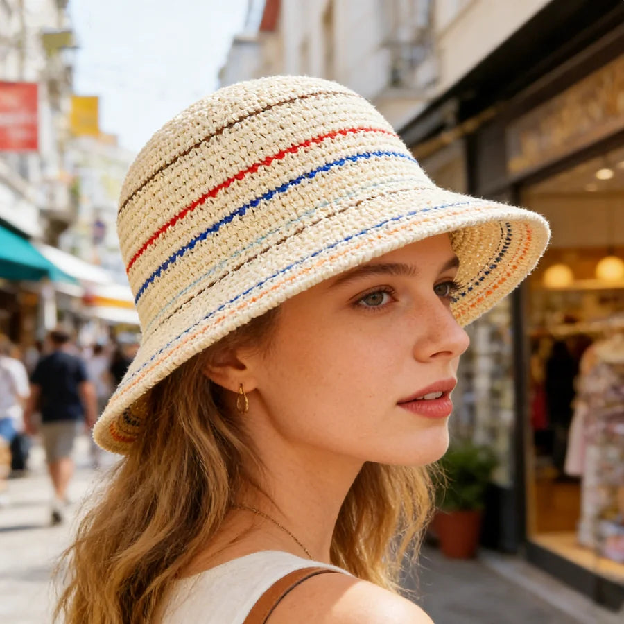 Color-Blocked Striped Handmade Bucket Hat