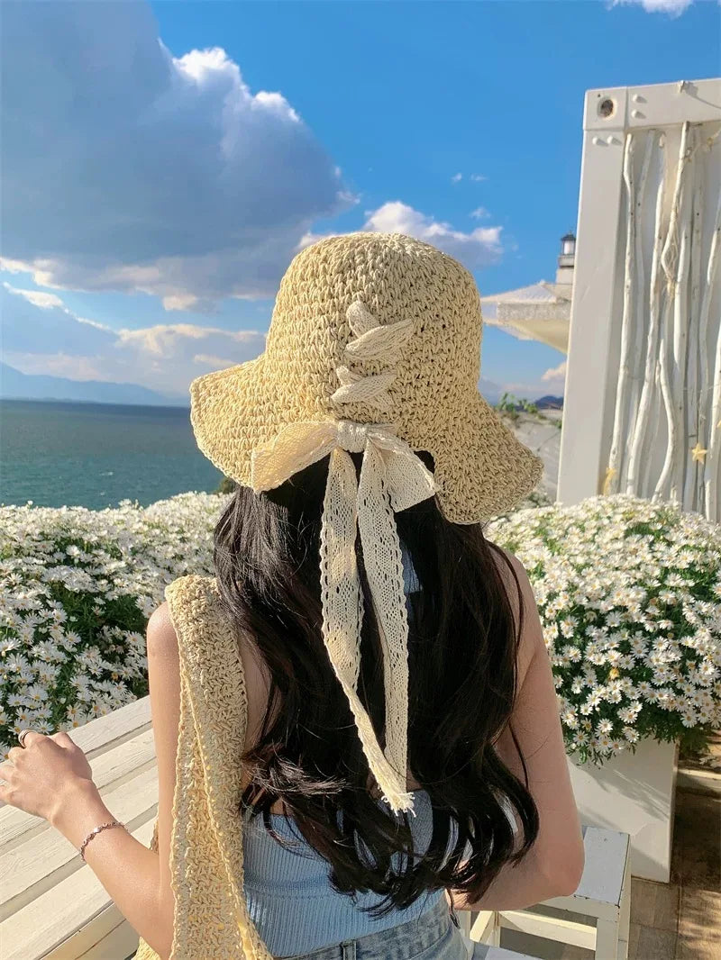 2025 New Women's Braided Straw Fisherman Hat UPF50+ Breathable Summer Beach Vacation Sun Protection Wide Brim Adjustable