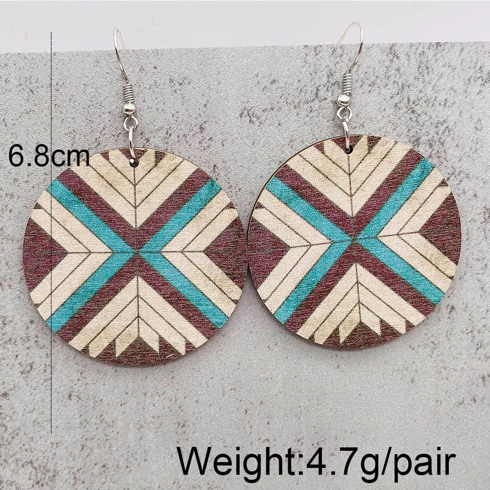 Western Retro Aztecs Pattern Wood Earrings Turquoise Round Wooden Ethnic Fashion Earrings Jewelry Party Accessories Gift