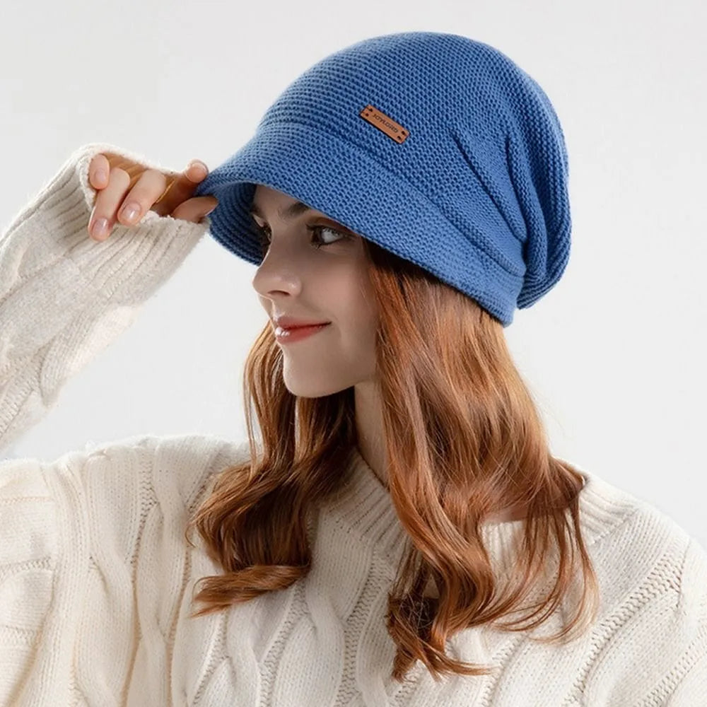 Casual Soft Knitted Hat Short Brim Thickened Beanies Fleece Lined Windproof Ear Protection Women Girl