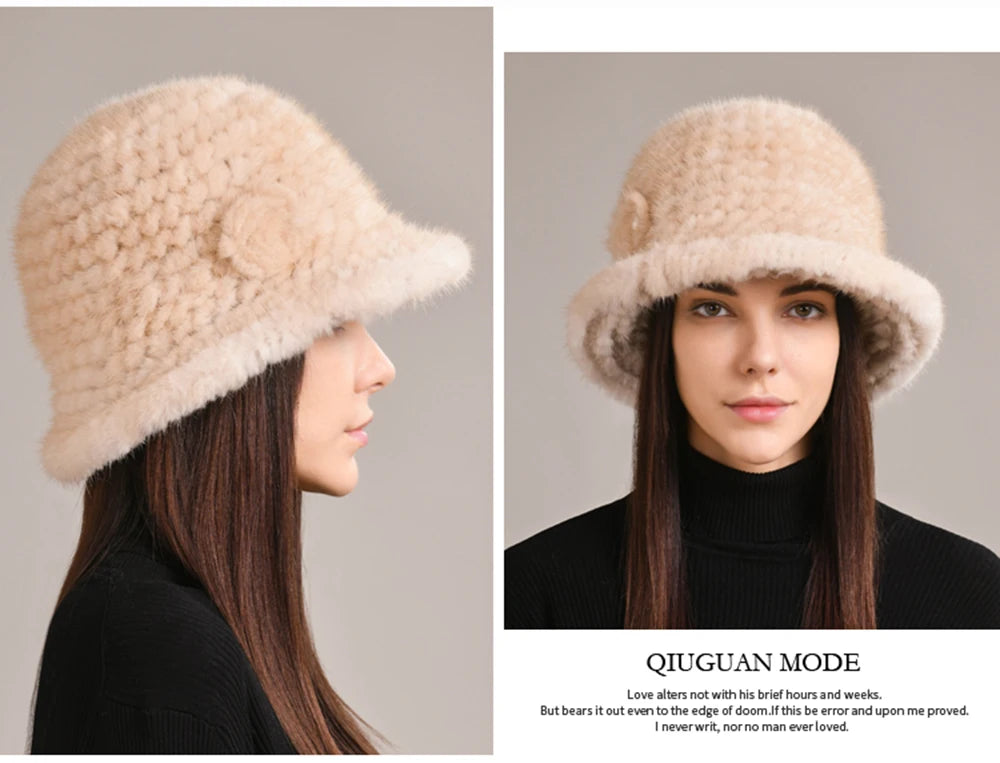 Luxury Real Mink Fur Winter Hat – Floral Knit, Soft & Giving Cozy Glam Crown Energy 🌸❄️