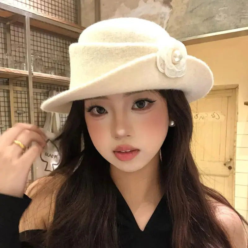 Retro Styled Ruffled Camellia Heiress Hat for Women, French-style Elegant Autumn/Winter Fishermen's Top Hat