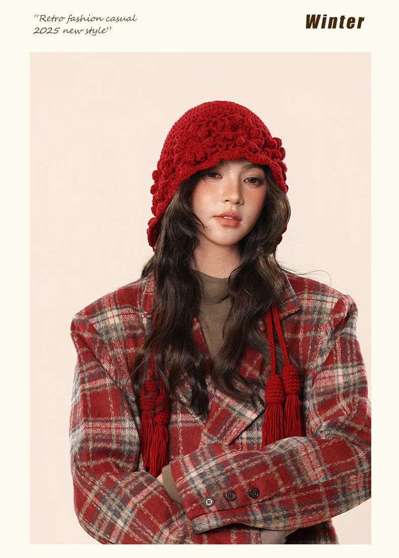 Korean Floral Knitted Hoodie Beanie – Kawaii, Cozy & Giving Sweet Winter It-Girl Energy 🌸🎩