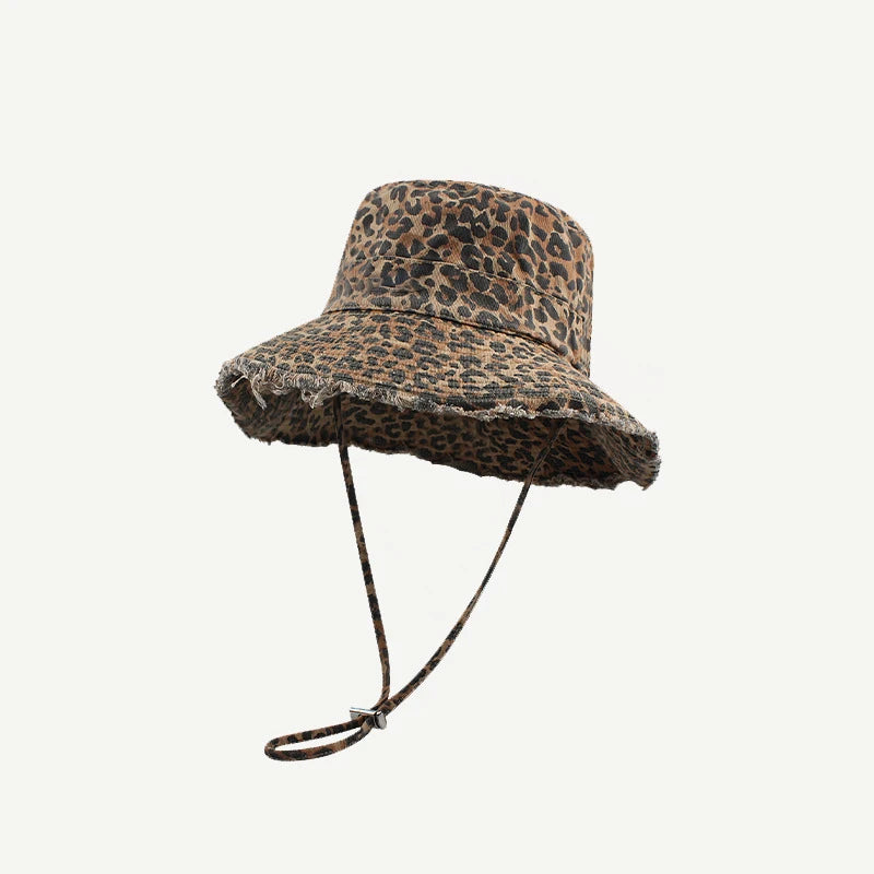 Leopard print fisherman hat with large eaves for spring and summer, suitable for men and women, providing sun protection