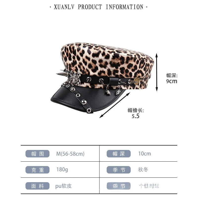 Vintage Leather Beret Hat – Leopard Print, Silver Rivets & Giving Parisian Baddie Energy 🐆✨