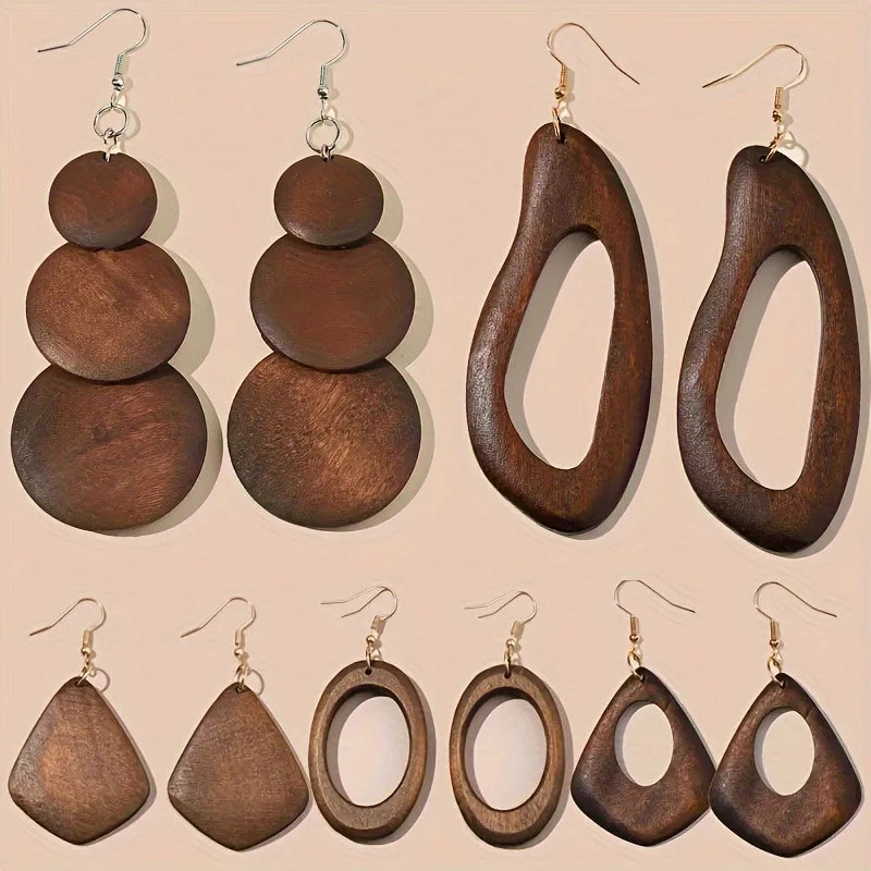 5 Pairs/Set Retro Brown Solid Wood Dangle Style Women's Earrings Set
