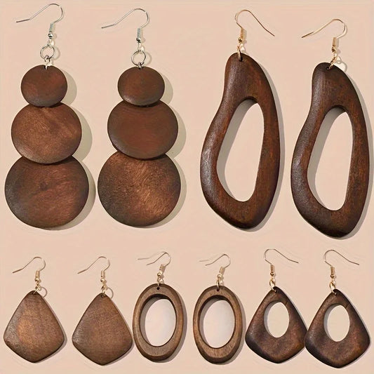 5 Pairs/Set Retro Brown Solid Wood Dangle Style Women's Earrings Set