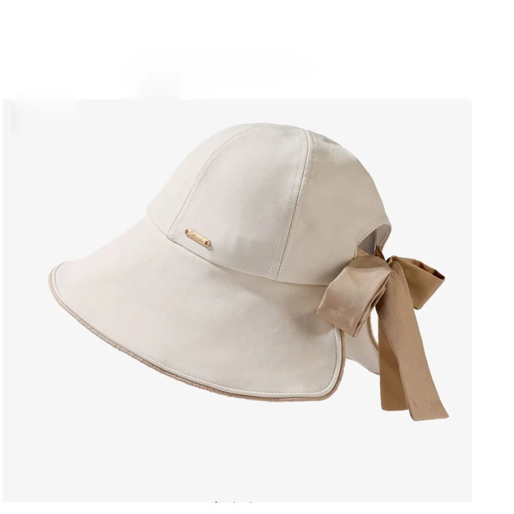 Casual Wide Brim Sun Hat UV Protection Breathable Women Bucket Hat Foldable with Bow Ponytail Hole Summer Beach Hat