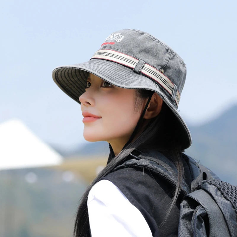 Summer Men Bucket Hat Outdoor Washed Cotton UV Protection Wide Brim Panama Safari Hunting Hiking Hat Adjustable Sunscreen Cap