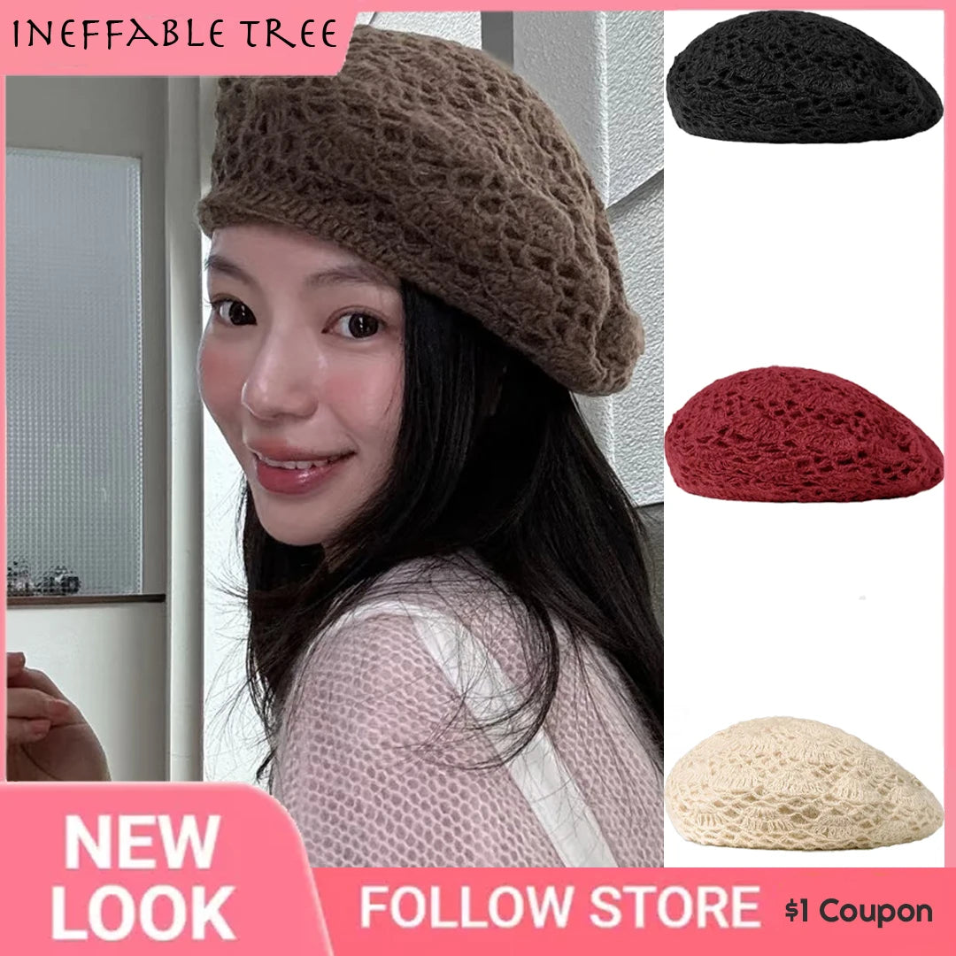 Slouchy Crochet Beret Hat — Handmade Floral Cutout French Beret for Women