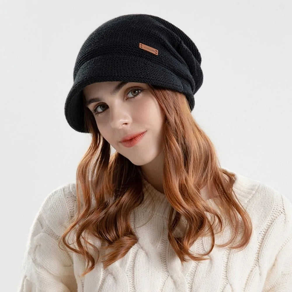 Casual Soft Knitted Hat Short Brim Thickened Beanies Fleece Lined Windproof Ear Protection Women Girl