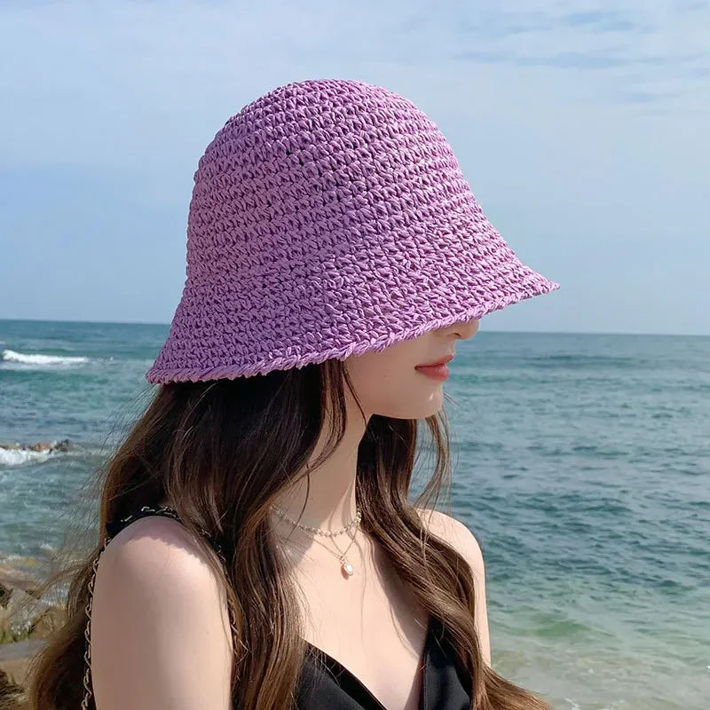 Woven Straw Dome Bucket Hat — Wide Brim Sun Hat for Women