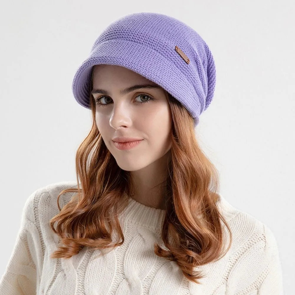 Casual Soft Knitted Hat Short Brim Thickened Beanies Fleece Lined Windproof Ear Protection Women Girl
