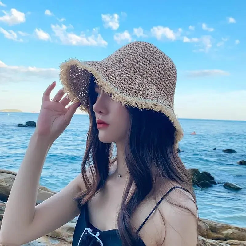 Woven Straw Dome Bucket Hat — Wide Brim Sun Hat for Women