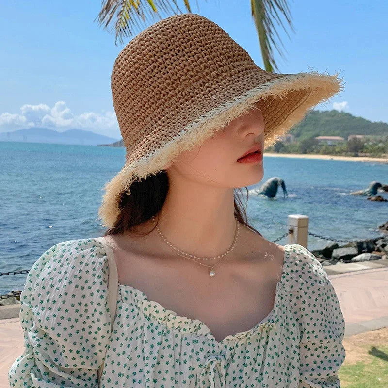 Woven Straw Dome Bucket Hat — Wide Brim Sun Hat for Women