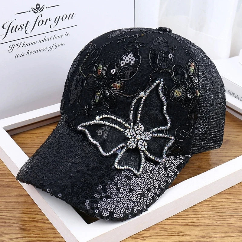Women's Black Rhinestone Butterfly Decorated Ball Cap Adjustable Breathable Mesh Spring Summer Autumn Style Hat