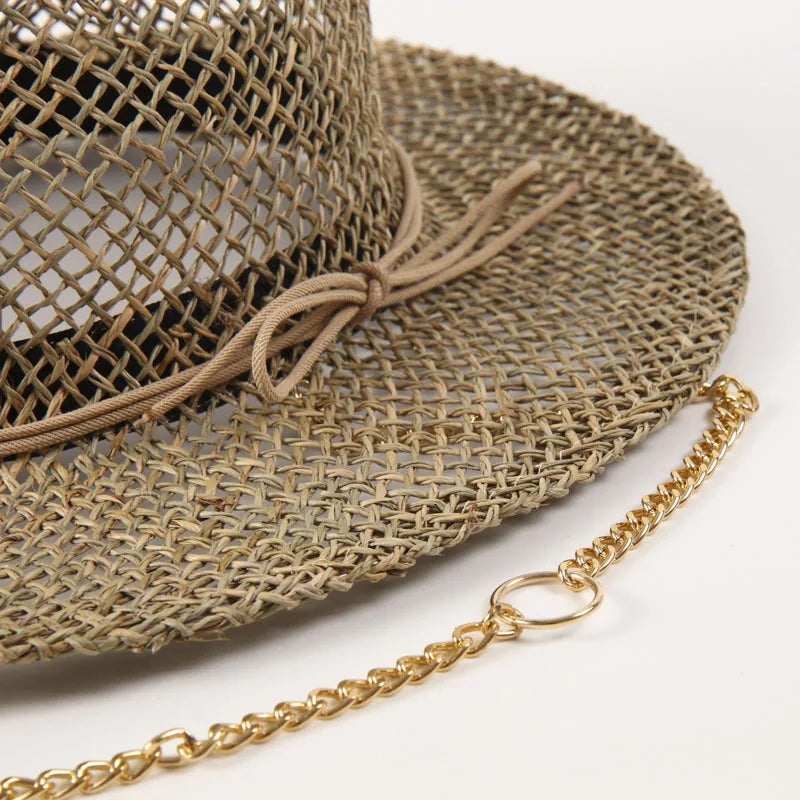 Women Straw Fedora Sea Grass Sun Hat Long Gold Chain Summer Panama Hat Wide Brim Beach Hat UPF50+ Derby Church Garden Party Hat
