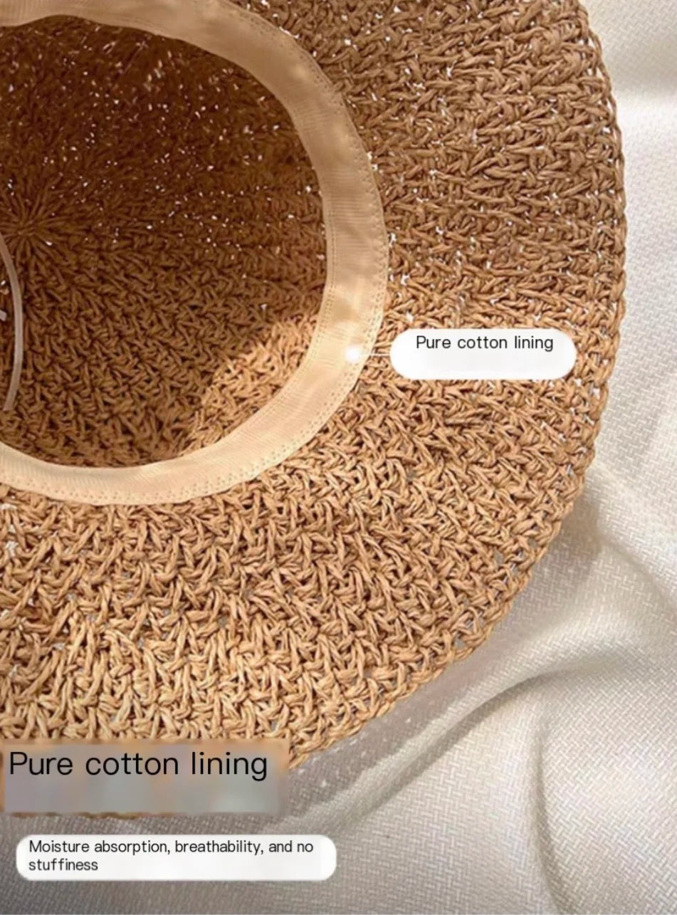 2025 New Women's Braided Straw Fisherman Hat UPF50+ Breathable Summer Beach Vacation Sun Protection Wide Brim Adjustable