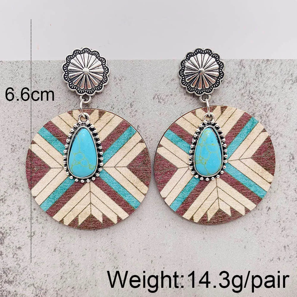 Western Retro Aztecs Pattern Wood Earrings Turquoise Round Wooden Ethnic Fashion Earrings Jewelry Party Accessories Gift