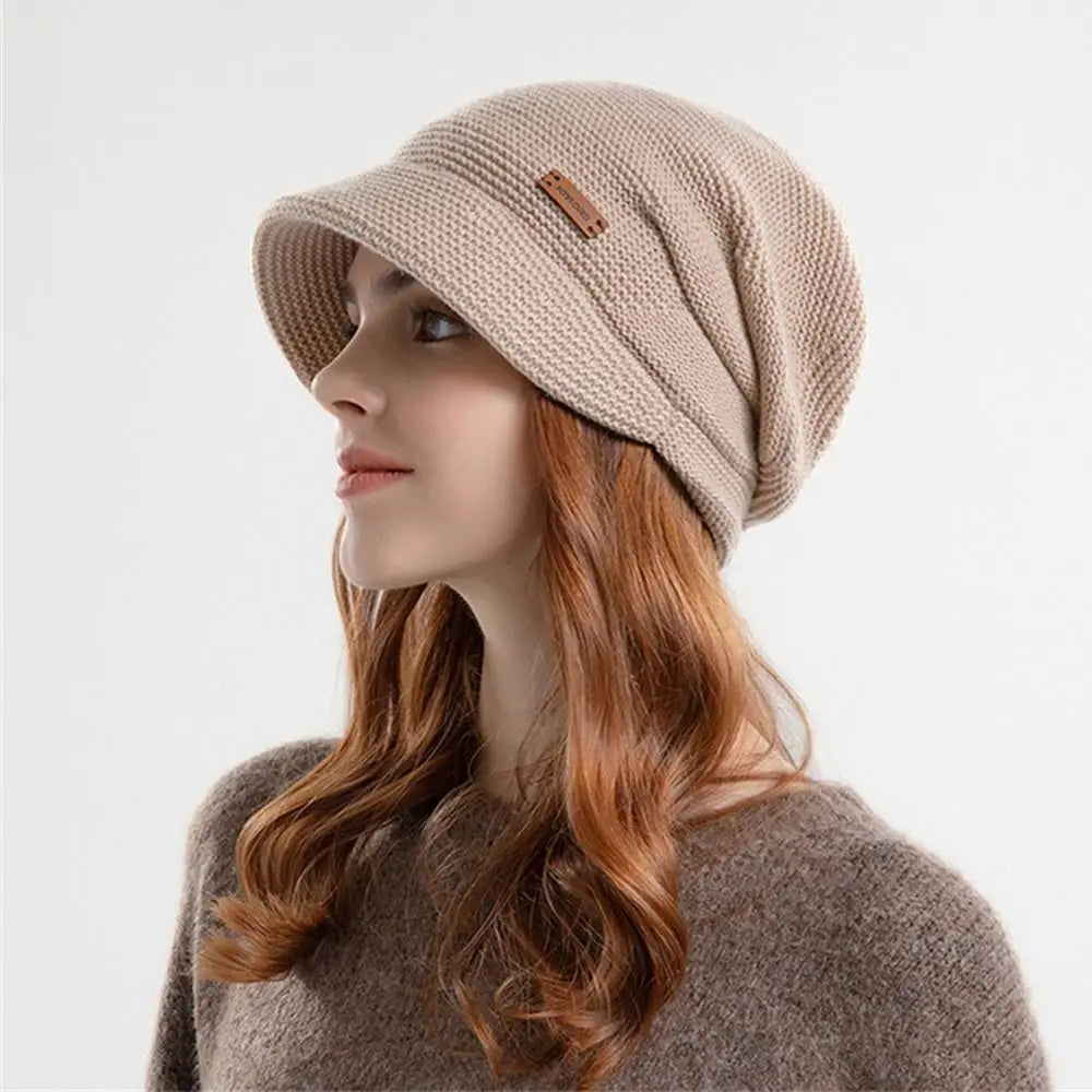 Casual Soft Knitted Hat Short Brim Thickened Beanies Fleece Lined Windproof Ear Protection Women Girl