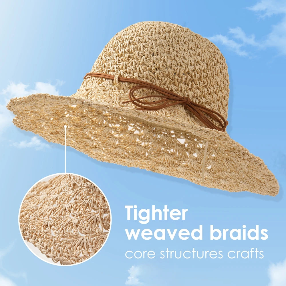 Women's Crochet Straw Hat with Bowknot, Wide Brim Summer Sun Hat for Beach, Travel & Outdoor Activities, Breathable Floppy Straw
