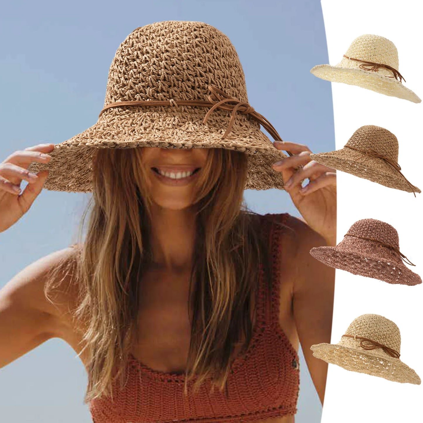 Women's Crochet Straw Hat with Bowknot, Wide Brim Summer Sun Hat for Beach, Travel & Outdoor Activities, Breathable Floppy Straw