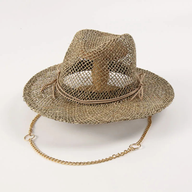 Women Straw Fedora Sea Grass Sun Hat Long Gold Chain Summer Panama Hat Wide Brim Beach Hat UPF50+ Derby Church Garden Party Hat