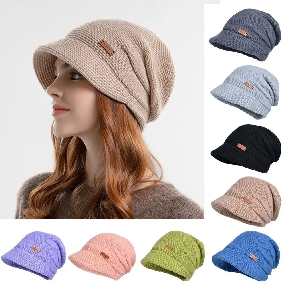 Casual Soft Knitted Hat Short Brim Thickened Beanies Fleece Lined Windproof Ear Protection Women Girl