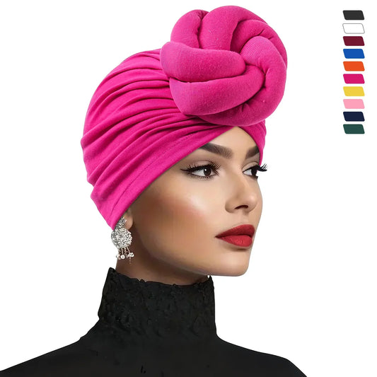 New Pre-Made Knotted Turban Hat Solid Color Head Wraps Elegant Pleated Beanies Headscarf For Women Turban
