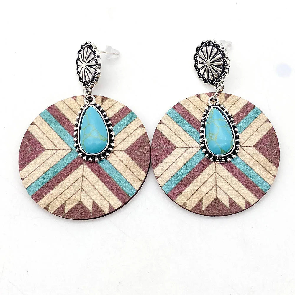 Western Retro Aztecs Pattern Wood Earrings Turquoise Round Wooden Ethnic Fashion Earrings Jewelry Party Accessories Gift