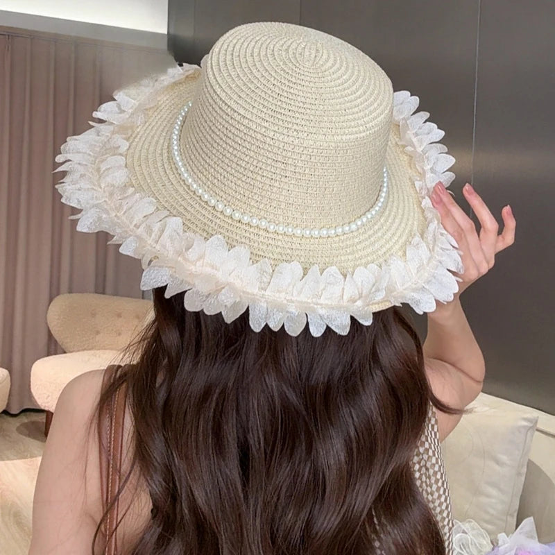 Pearl-Trimmed Straw Hat