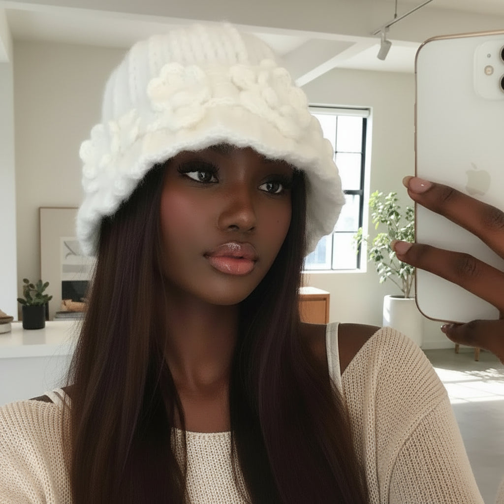 Flower Knitted Fisherman Pot Hat – Korean Cozy Chic & Giving Autumn Dream Girl Energy 🌸🎣